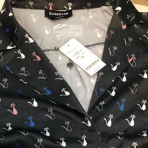 BEBE Collared Button-up Silky Black Kittens Shirt